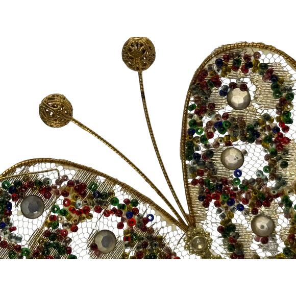 Vintage Gold Beaded Butterfly Christmas Ornament Mesh Hanging - Picture 12 of 15